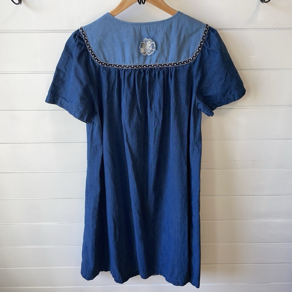 Go Softly Patio Dress Denim 100% Cotton Embroidered Snap Front w/ Pockets Size S - Picture 5 of 7
